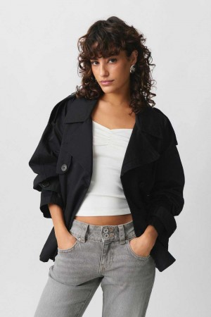 Women Gina Tricot Short Belted Trench Coat Black | 97KCBPHFL