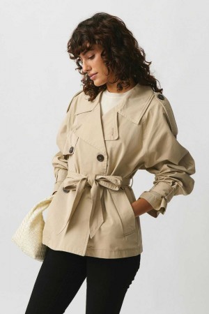 Women Gina Tricot Short Belted Trench Coat White | 95GLPVUHC