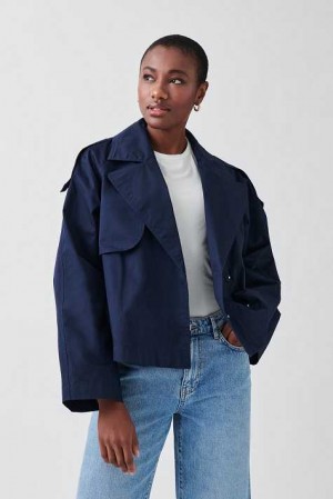 Women Gina Tricot Short Trench Coat Blue | 16ZIKFHVU