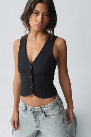 Women Gina Tricot Short V-neck Vest Black | 02PUEJOSW