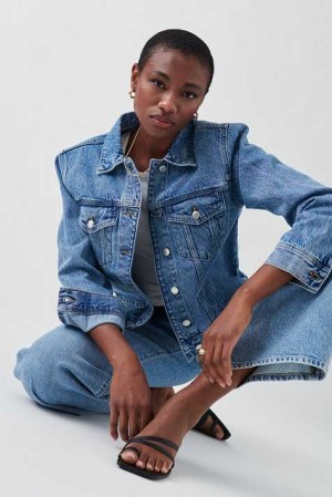 Women Gina Tricot Shoulder Padded Denim Jacket Blue | 83AMTJGKI