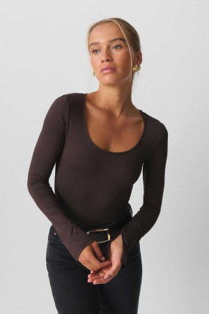 Women Gina Tricot Soft Touch Jersey Tops Brown | 84TXEMQAK