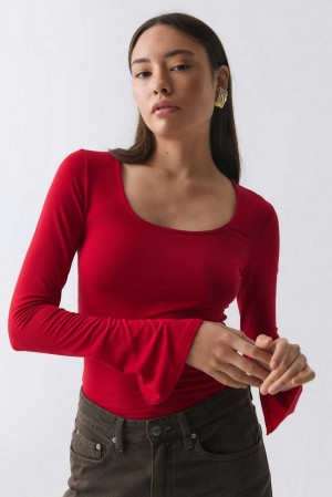 Women Gina Tricot Soft Touch Jersey Tops Red | 72IUGKAJT