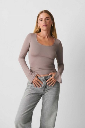 Women Gina Tricot Soft Touch Jersey Tops Grey | 59XGVNRWU