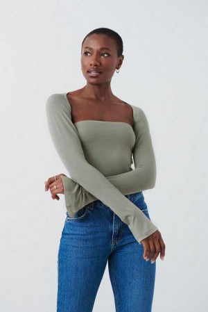 Women Gina Tricot Soft Touch Square Neck Tops Grey | 62WVHTXLE