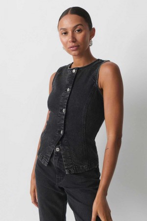 Women Gina Tricot Tailored Denim Vest Black | 20OJZYBWP