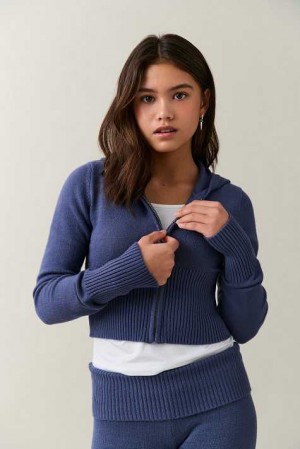 Young Gina Tricot Knitted Yoga Hoodie Blue | 21QLUWDAO