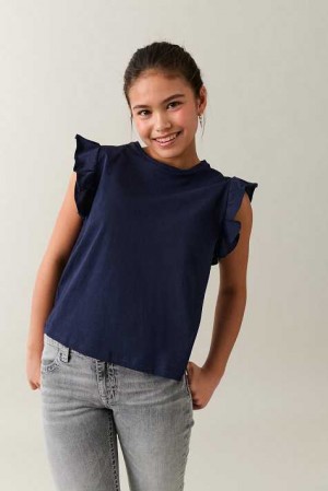 Young Gina Tricot Y Flounce T Shirts Blue | 65AXDTPFJ